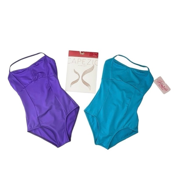 Natalie Dancewear Tops - Natalie Dance Wear 2 Halter Leotards Small Purple Blue + Capezio Tights New NWT
